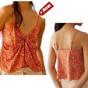 Anthropologie orange floral flower print draped spaghetti strap camisole tank M